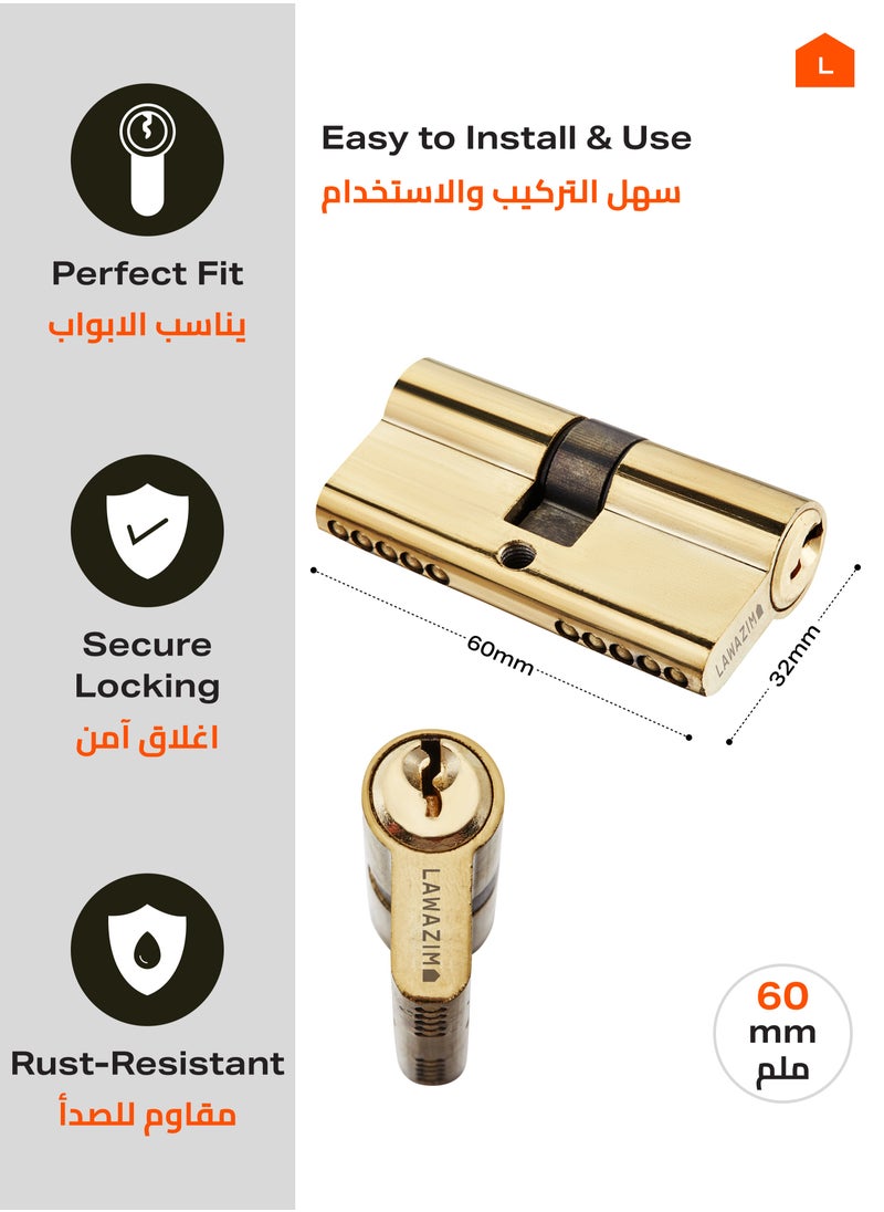 LAWAZIM Door Lock Cylinder with 3-piece Keys - 60mm Gold- Pickproof Corrosion-Resistant Easy install Double Sided Keyed Lock Cylinder Security Upgrade for Garage Doors Lockers Desks Cabinets Closets  - Image 2