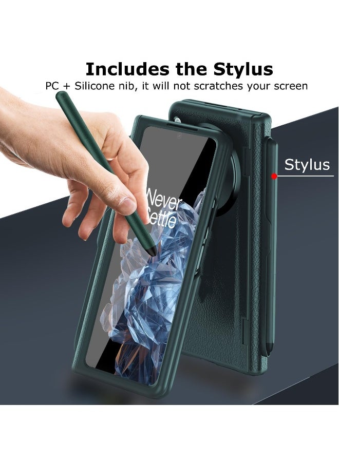 Case for OnePlus Open 2023 with Stylus and Pen Holder, PU Leather One Plus Cover with Hinge Protection, Built-in Screen Protector, Kickstand, Green