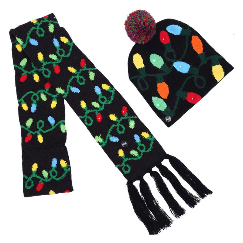 Christmas LED Hat Scarf Set: Green Stretchy One Size Fits All - Soft Knitted Warmth With Festive Light Bulb Pattern for Holiday Winter Wear Adults and Children - Image 2
