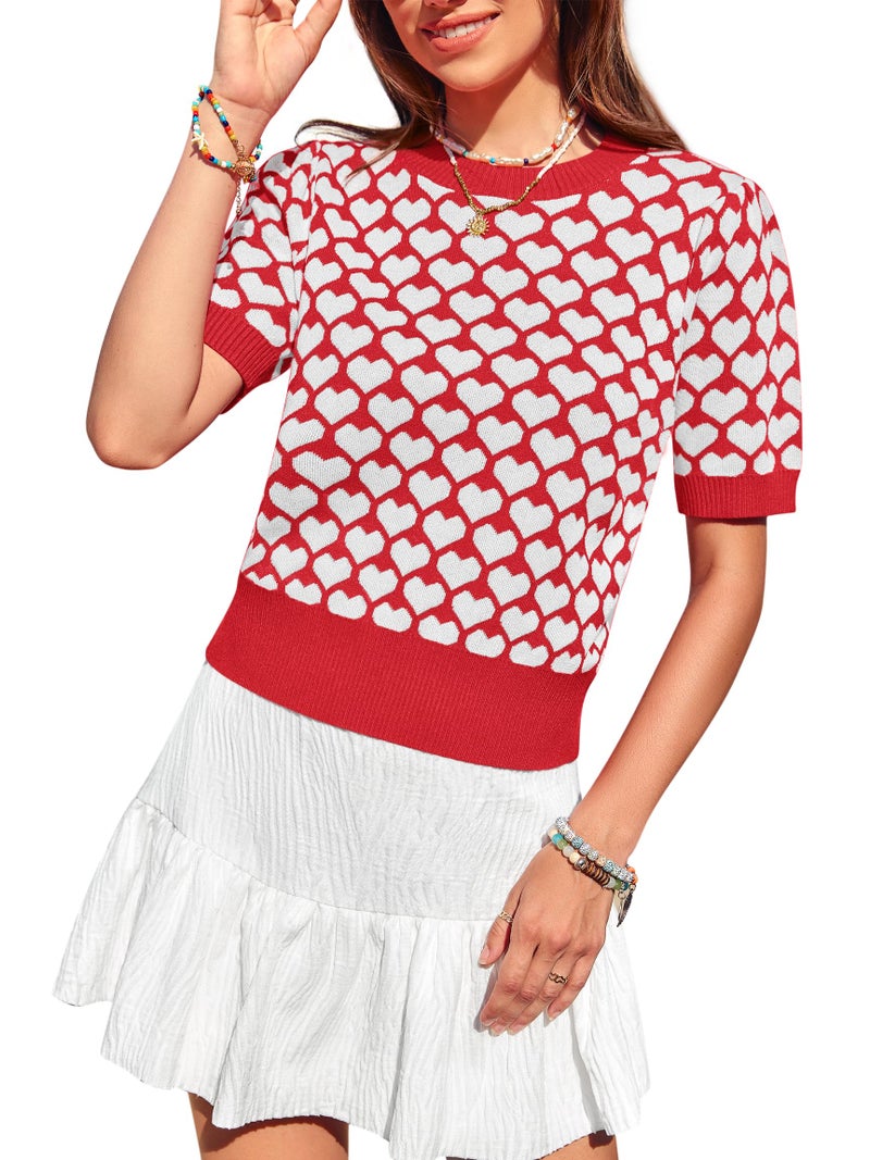 Yousify Women Puff Short Sleeve Sweater Casual Cropped Knit Shirts Cute Heart Holidays Graphic Print Pullover Jumper Tops 2025 Red - Image 1