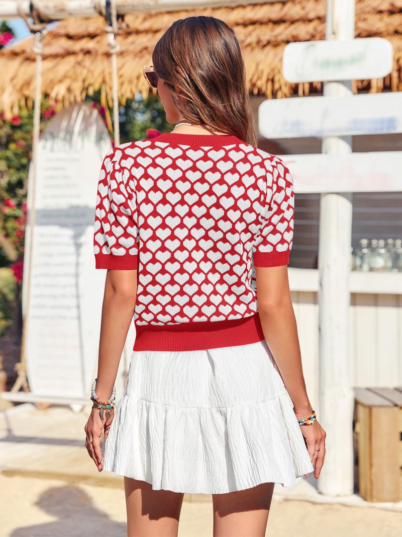 Yousify Women Puff Short Sleeve Sweater Casual Cropped Knit Shirts Cute Heart Holidays Graphic Print Pullover Jumper Tops 2025 Red - Image 3