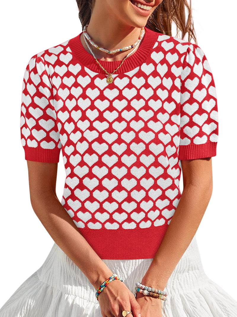 Yousify Women Puff Short Sleeve Sweater Casual Cropped Knit Shirts Cute Heart Holidays Graphic Print Pullover Jumper Tops 2025 Red - Image 2