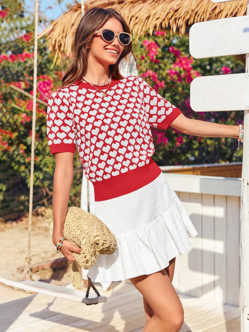 Yousify Women Puff Short Sleeve Sweater Casual Cropped Knit Shirts Cute Heart Holidays Graphic Print Pullover Jumper Tops 2025 Red - Image 4