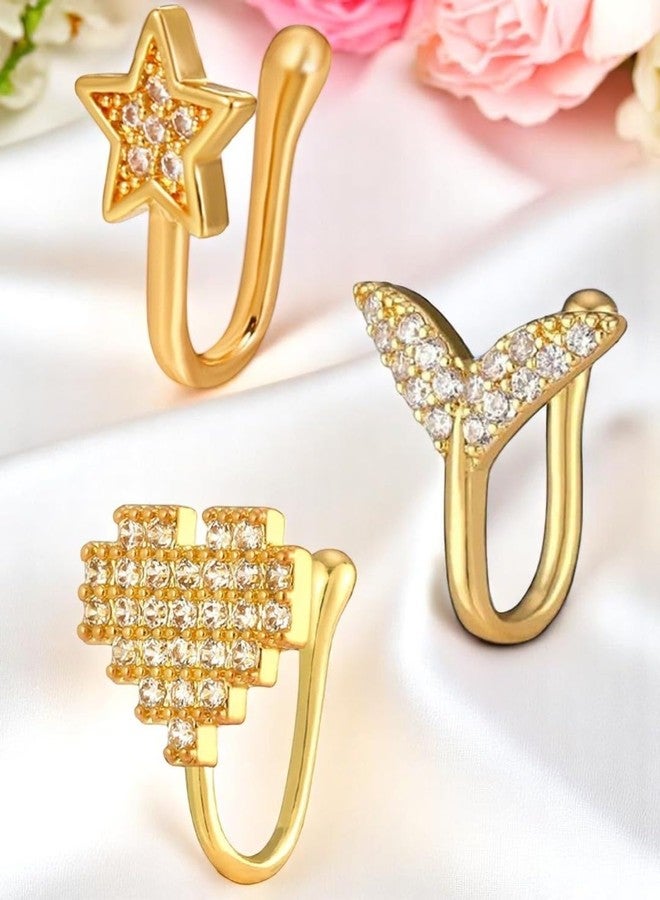 fabula Jewellery Combo of 3 Gold Nose Pin - Star, Heart & Fish Fin Shape - For Women & Girls Stylish Latest - Image 5