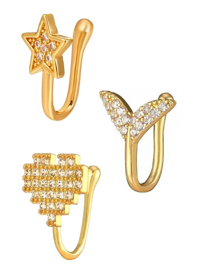 fabula Jewellery Combo of 3 Gold Nose Pin - Star, Heart & Fish Fin Shape - For Women & Girls Stylish Latest - Image 1