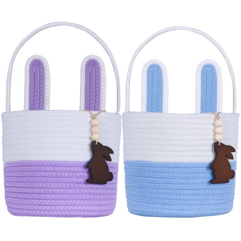 K-MLICE Easter Basket Empty 2 PCS Bunny Woven Rope Easter Baskets for Kids Teens Easter Hunt Baskets with Handle Bags Easter Gifts for Kids Toddlers Girls Boys Teens Set of 2 Blue and Purple - Image 1