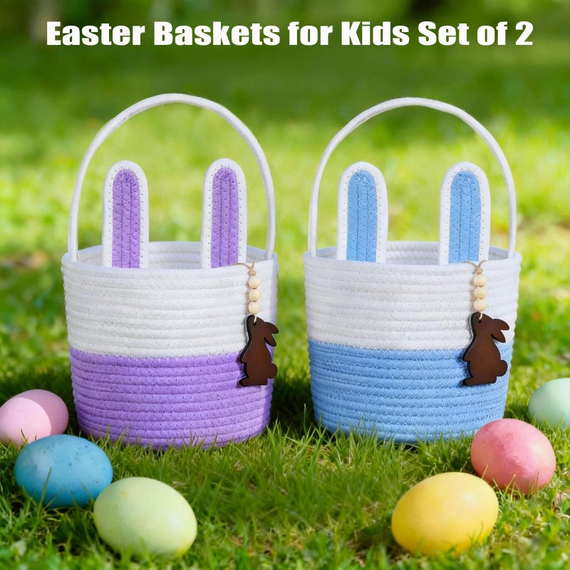 K-MLICE Easter Basket Empty 2 PCS Bunny Woven Rope Easter Baskets for Kids Teens Easter Hunt Baskets with Handle Bags Easter Gifts for Kids Toddlers Girls Boys Teens Set of 2 Blue and Purple - Image 2