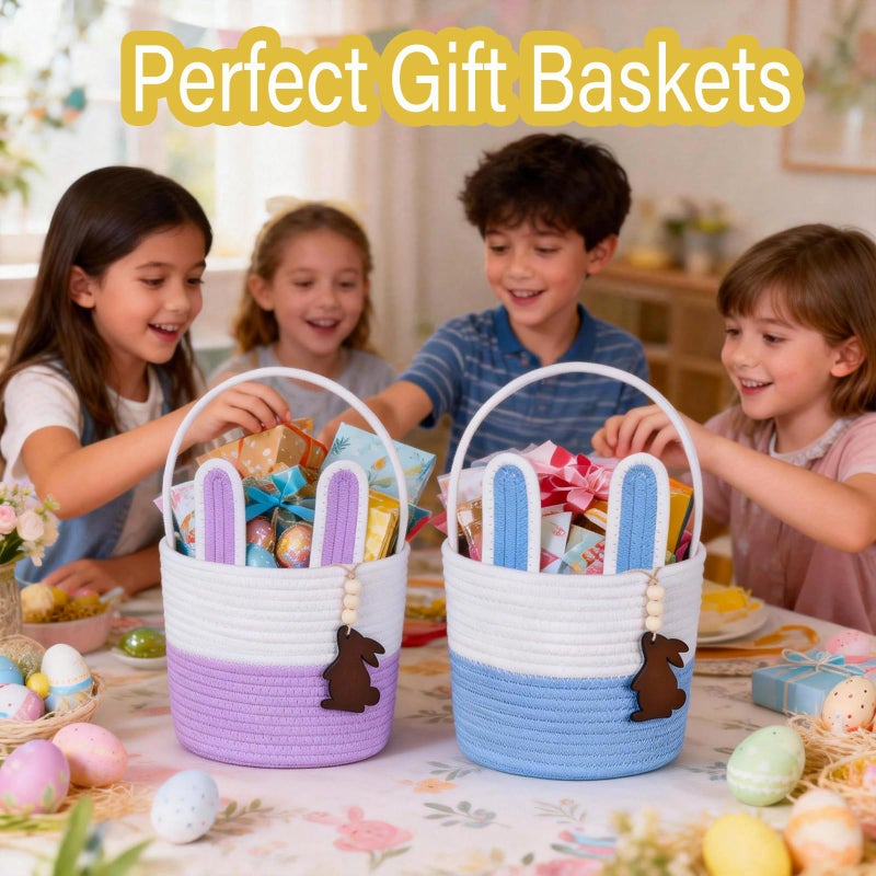 K-MLICE Easter Basket Empty 2 PCS Bunny Woven Rope Easter Baskets for Kids Teens Easter Hunt Baskets with Handle Bags Easter Gifts for Kids Toddlers Girls Boys Teens Set of 2 Blue and Purple - Image 5