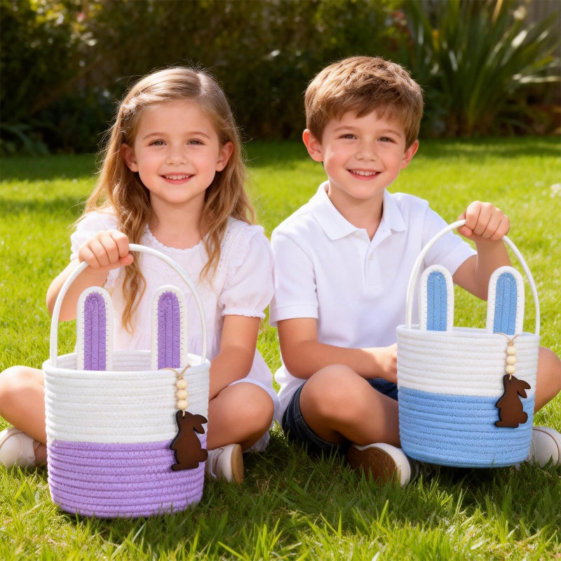 K-MLICE Easter Basket Empty 2 PCS Bunny Woven Rope Easter Baskets for Kids Teens Easter Hunt Baskets with Handle Bags Easter Gifts for Kids Toddlers Girls Boys Teens Set of 2 Blue and Purple - Image 4