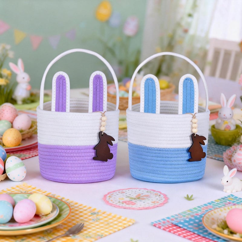 K-MLICE Easter Basket Empty 2 PCS Bunny Woven Rope Easter Baskets for Kids Teens Easter Hunt Baskets with Handle Bags Easter Gifts for Kids Toddlers Girls Boys Teens Set of 2 Blue and Purple - Image 3