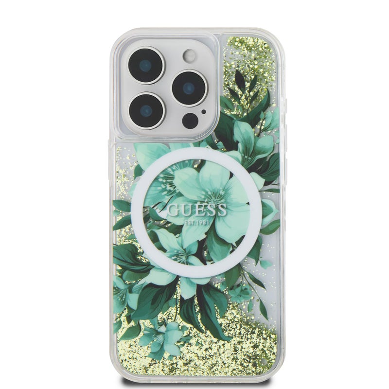 CG MOBILE Compatible with iPhone 16 Pro Max Guess Compatible with Magsafe Liquid Glitter Hard Case with Flower Design Shock Absorption Accurate Cutouts Damage and Scratch Protection Green