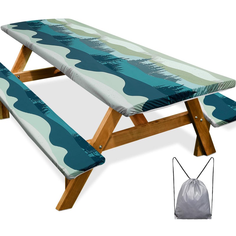 Play Tailor Picnic Table Cover with Bench Covers Camping Essentials Waterproof Windproof Camping Tablecloth with Drawstring Bag, Fitted Rectangle Tables and Seats, 96in, Green Blue - Image 1