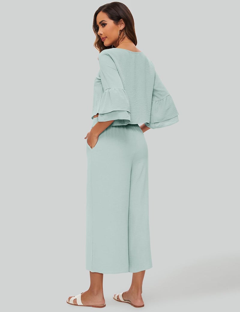 ROYLAMP Women's Summer 2 Piece Outfits Bell Sleeve Round Neck Crop Top Wide Leg Pants Set Matching Lounge Set with pockets Light Cyan S - Image 5