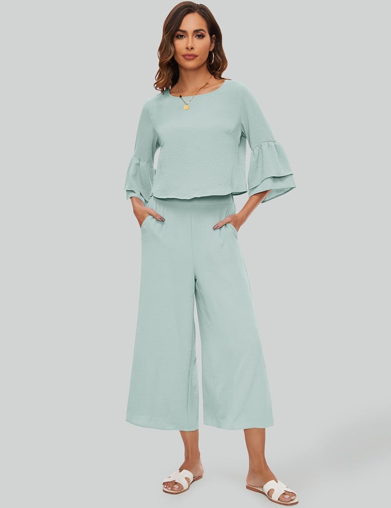 ROYLAMP Women's Summer 2 Piece Outfits Bell Sleeve Round Neck Crop Top Wide Leg Pants Set Matching Lounge Set with pockets Light Cyan S - Image 2