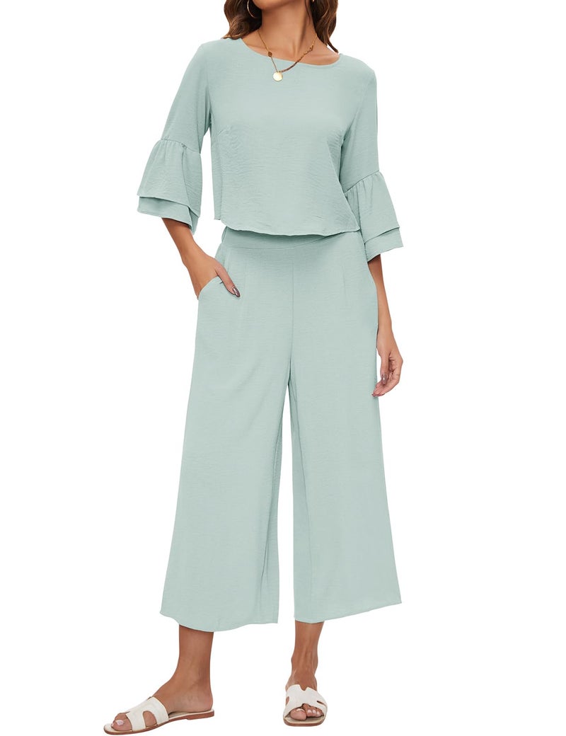 ROYLAMP Women's Summer 2 Piece Outfits Bell Sleeve Round Neck Crop Top Wide Leg Pants Set Matching Lounge Set with pockets Light Cyan S - Image 1