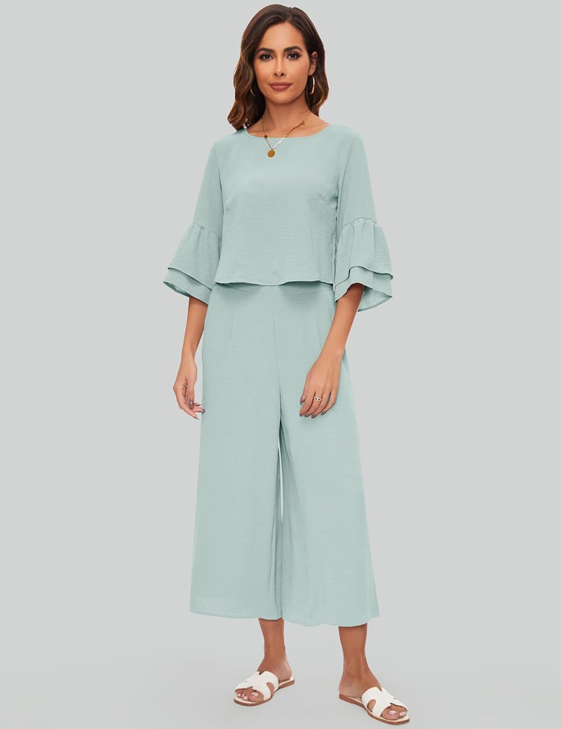 ROYLAMP Women's Summer 2 Piece Outfits Bell Sleeve Round Neck Crop Top Wide Leg Pants Set Matching Lounge Set with pockets Light Cyan S - Image 4