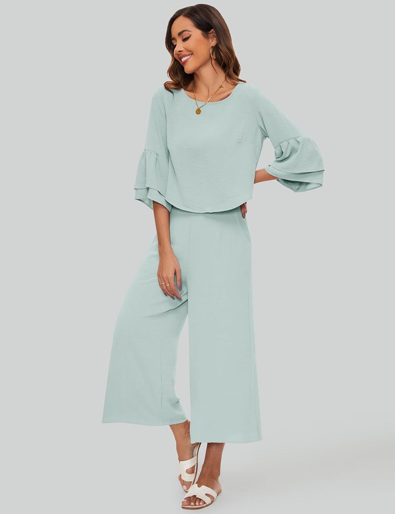 ROYLAMP Women's Summer 2 Piece Outfits Bell Sleeve Round Neck Crop Top Wide Leg Pants Set Matching Lounge Set with pockets Light Cyan S - Image 3