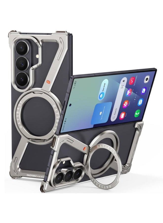 أوتس باسف جراب لهاتف Samsung Galaxy Z Fold 8 Ultra، يتميز بحامل قابل للدوران بزاوية 360 درجة، وإطار معدني من الألومنيوم بتصميم مفتوح (بدون إطار خلفي)، ولون التيتانيوم الطبيعي. - Image 1