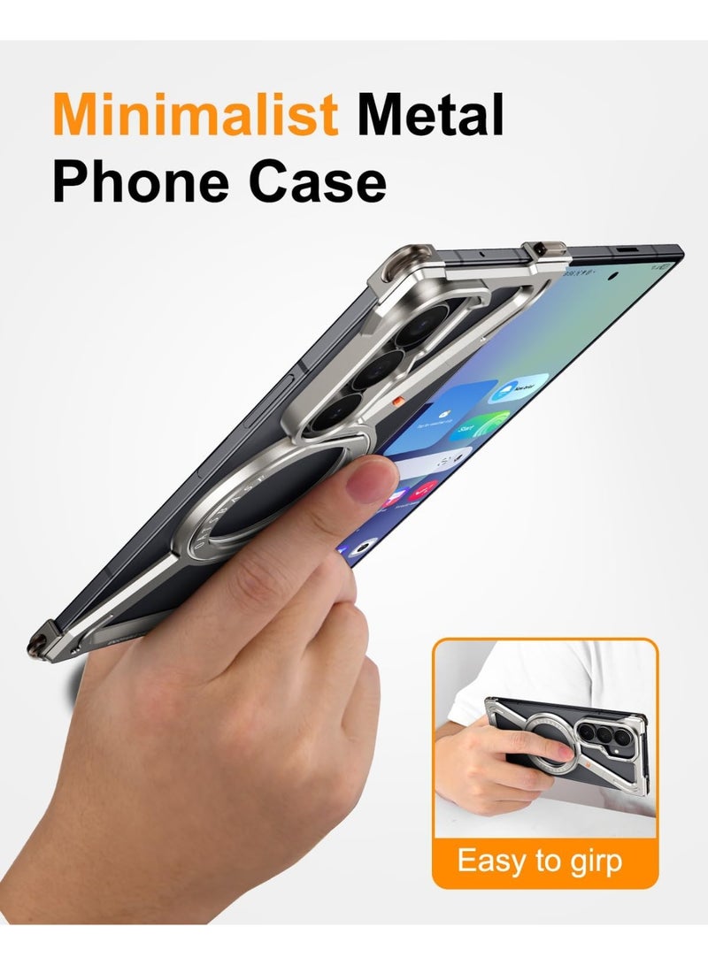 أوتس باسف جراب لهاتف Samsung Galaxy Z Fold 8 Ultra، يتميز بحامل قابل للدوران بزاوية 360 درجة، وإطار معدني من الألومنيوم بتصميم مفتوح (بدون إطار خلفي)، ولون التيتانيوم الطبيعي. - Image 5