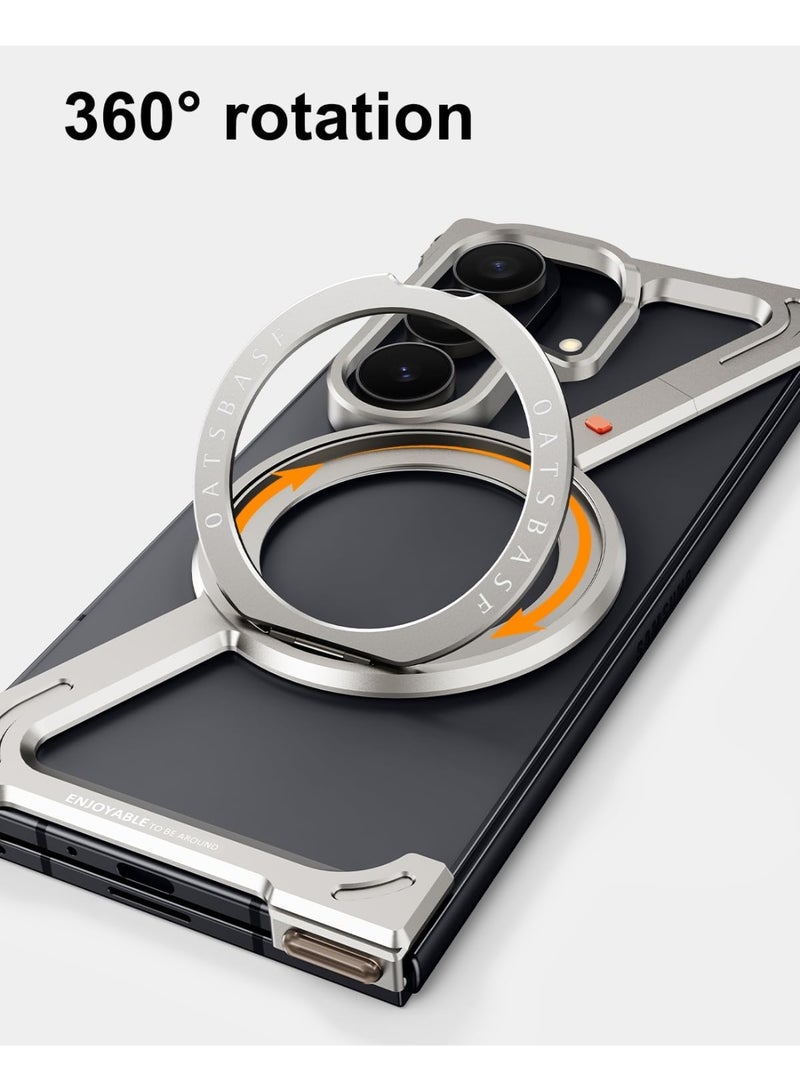 أوتس باسف جراب لهاتف Samsung Galaxy Z Fold 8 Ultra، يتميز بحامل قابل للدوران بزاوية 360 درجة، وإطار معدني من الألومنيوم بتصميم مفتوح (بدون إطار خلفي)، ولون التيتانيوم الطبيعي. - Image 4