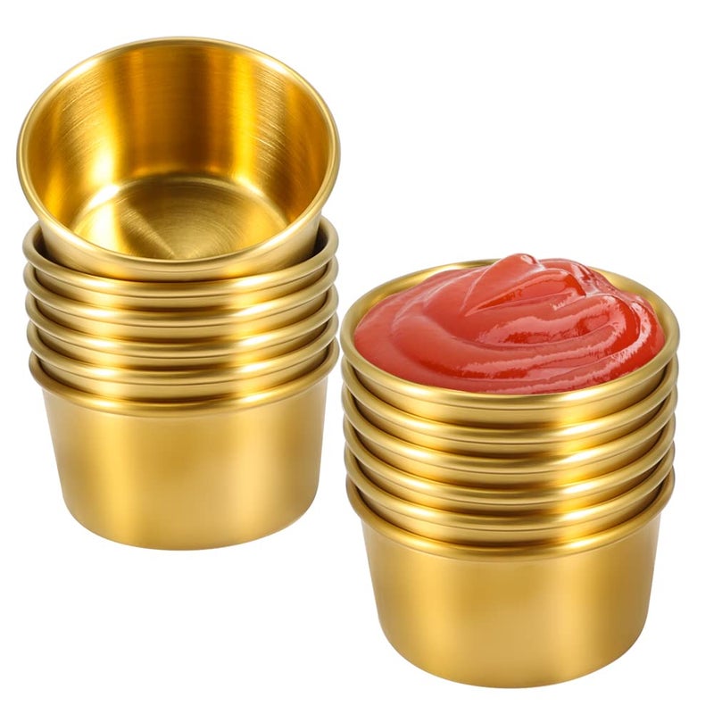 Amytalk Ramekin Sauce Dipping Bowl Mini Sauce Cups Pudding Condiment Cups for Home Party Stainless Steel Golden 12PCS 75ml
