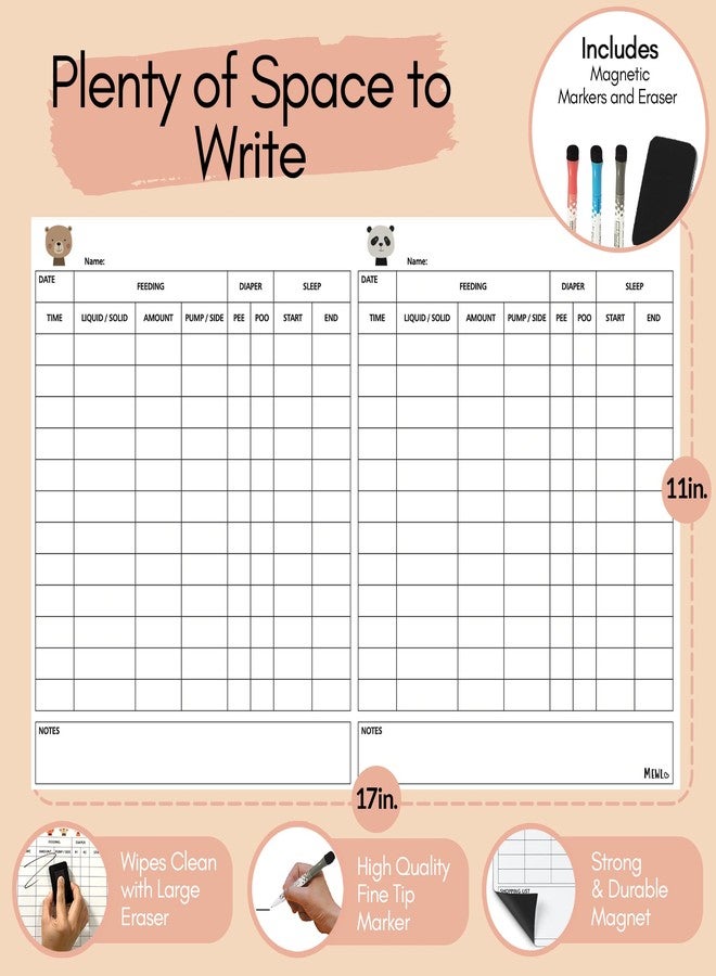 Mewl Twins Daily Log Whiteboard - Reusable Twin Baby Tracker to Log Feeding, Diapers & Sleep - Newborn Baby Journal & Schedule Chart for New Parents, Nanny, Babysitter - Pregnancy & New Mom Gift - Image 5