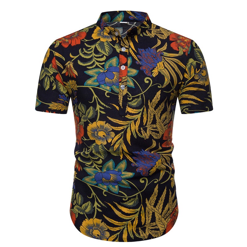 2019 Men's Cotton and Linen Vertical Collar Short-sleeved T-shirt Men's Floral Half-sleeved T-shirt for Men - Image 1