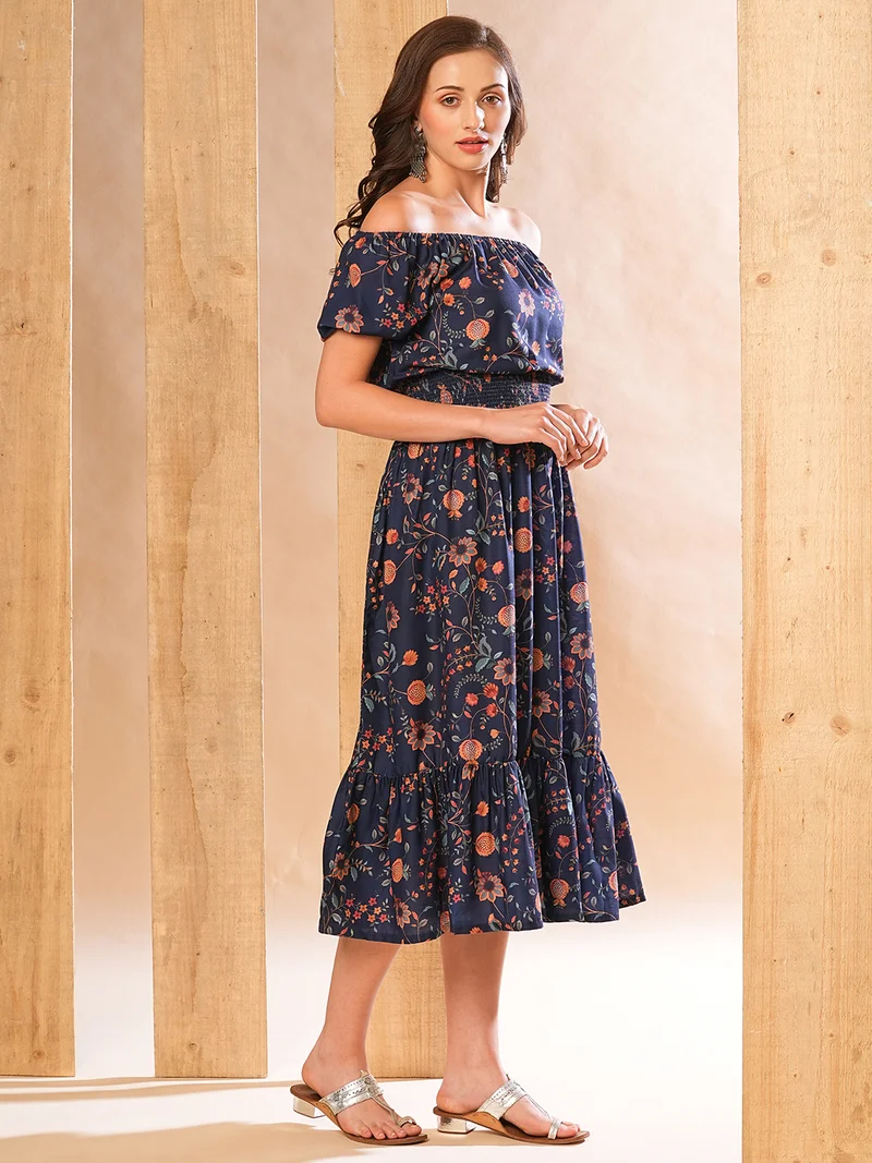 جلو باص Globus Women Allover Floral Printed Smocked Waist Fit & Flare Midi Dress