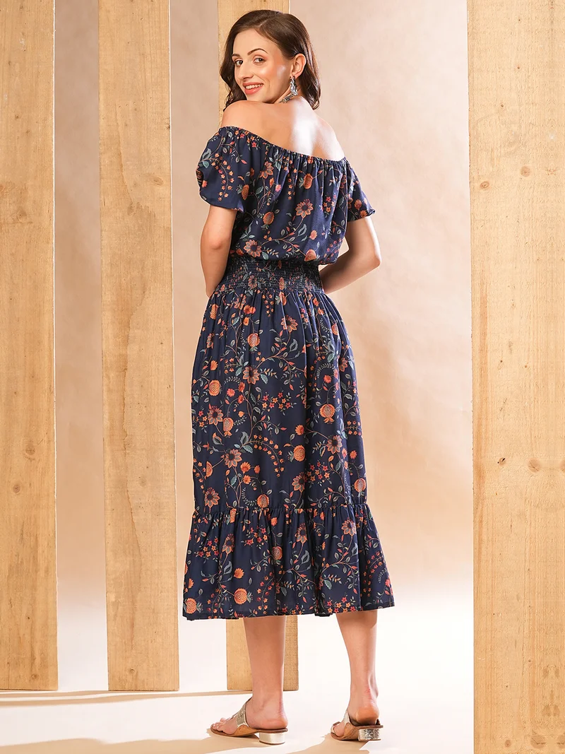 globus  Women Allover Floral Printed Smocked Waist Fit & Flare Midi Dress for Women | Best Price UAE