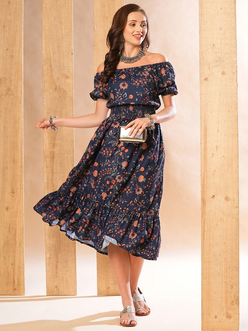 جلو باص Globus Women Allover Floral Printed Smocked Waist Fit & Flare Midi Dress