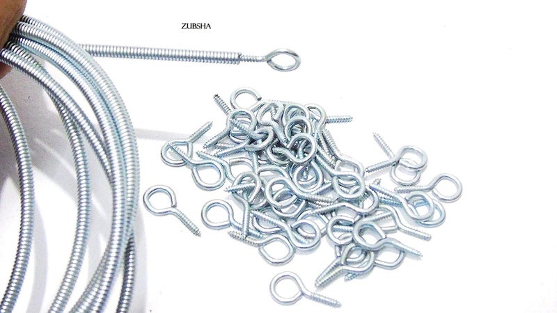 ZUBSHA Standard Curtain Spring Wire 1Meters Aluminium Window Cord KIT ZINC Polished Spring Wire with 10 Hooks and Eyes Silver1meter - Image 4