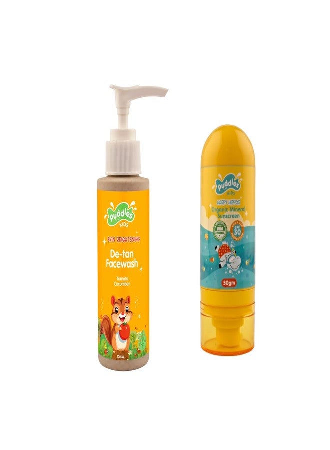 Puddles Bring Start School Duo | Kids Detan Facewash + Sunscreen | Gentle Cleansing & Daily Sun Protection | Brightening, Non-Sticky, Dermatologically Tested, Safe Skincare Combo for School Routine - Image 1