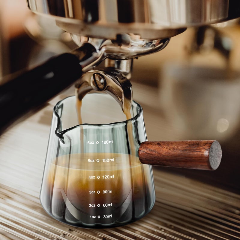 Joeyan 6 oz Grey Glass Measuring Cups with Spout,Borosilicate Glass Triple Pitcher with Scale,Origami Style Espresso Shot Glasses with Wood Handle for Coffee Milk,Dishwasher Safe - Image 2