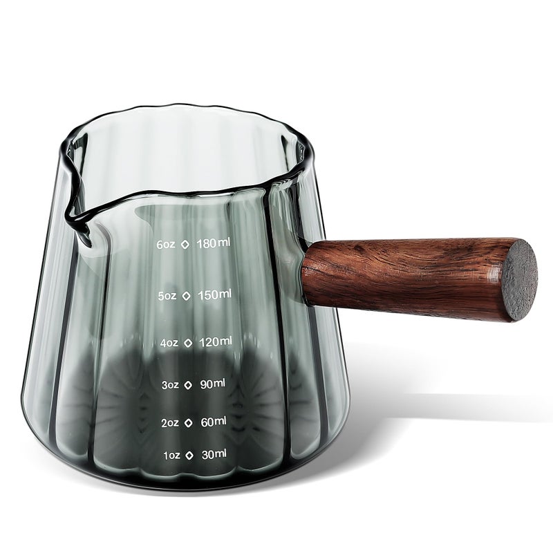 Joeyan 6 oz Grey Glass Measuring Cups with Spout,Borosilicate Glass Triple Pitcher with Scale,Origami Style Espresso Shot Glasses with Wood Handle for Coffee Milk,Dishwasher Safe - Image 1