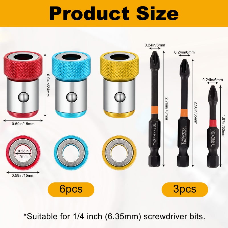 KINYFY 6 Pcs Strong Magnetic Screw Ring with 3 Pcs Ph2 Screwdriver Bit Set, 1/4 Inch/6.35 mm Universal Magnetizer Screw Removable for Hex Screwdriver and Power Bits - Image 2