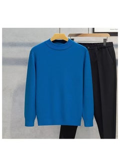 Mens Autumn Winter Fashionable Simple Round Neck Knitted Top Sweater Elastic Comfortable Soft Color Versatile Sleeve Sweatshirt Dark blue