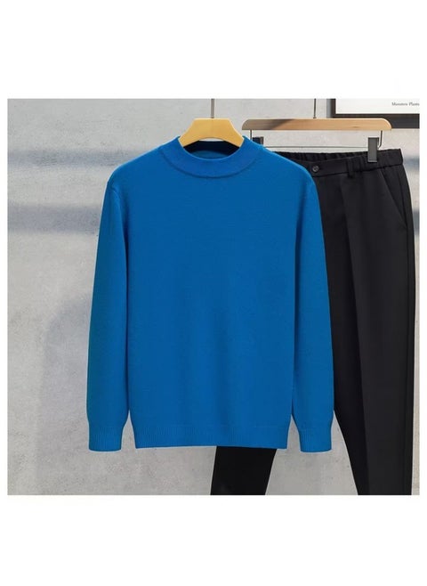 Mens Autumn Winter Fashionable Simple Round Neck Knitted Top Sweater Elastic Comfortable Soft Color Versatile Sleeve Sweatshirt Dark blue