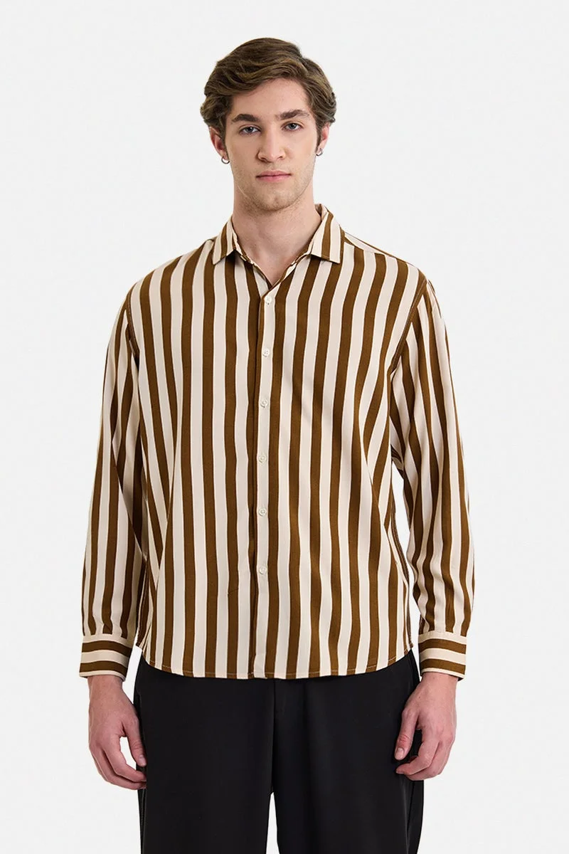 سنيتش Brown Striped Long Sleeve Regular Fit Shirt
