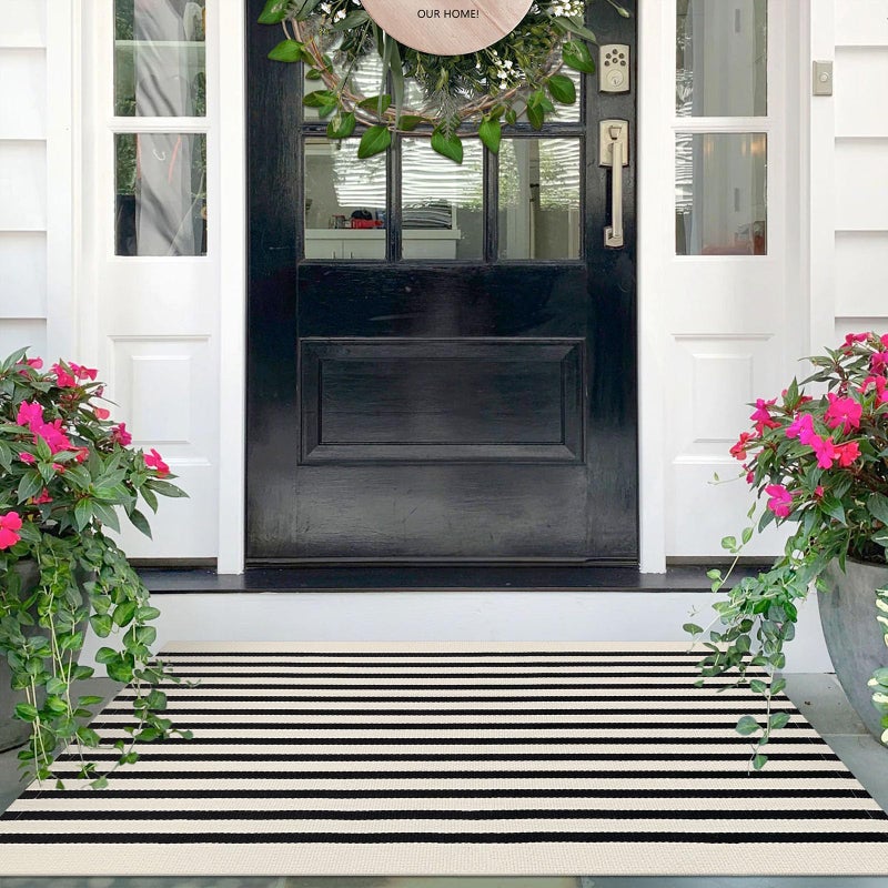 IOHOUZE Black and Tan Striped Rug 2.3'x3.6' Front Door Rugs Outdoor, Small Washable Area Rug for Front Porch, Spring Summer Welcome Mats Outdoor Indoor, Doormat for Entryway Porch Entrance - Image 1