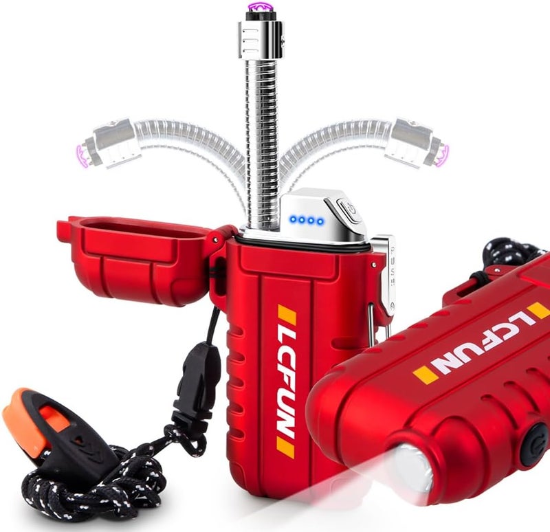 LCFUN Electric Dual Arc Lighter USB Rechargeable, Windproof Plasma Lighters with LED Battery Indicator, Waterproof Flashlight Lighter with Whistle Lanyard for Camping, Survival Gear Gifts for Men - Image 1