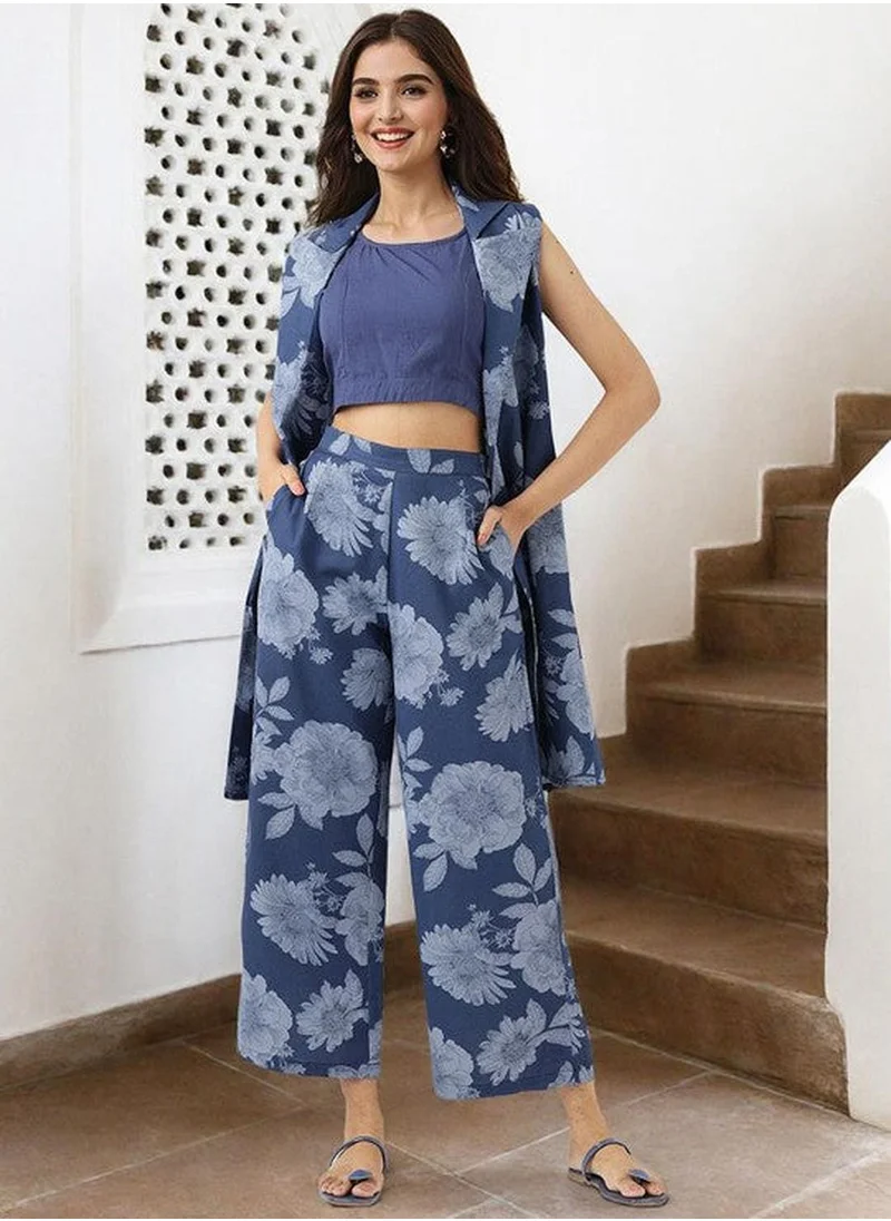 آي شين Regular Fit Embellished Pattern Round Neck Neck Three-Quarter Sleeve Navy Colour Knitted Cotton Co-Ords Set for Women with Mid-Rise Closure - Blending Tradition with Modern Style