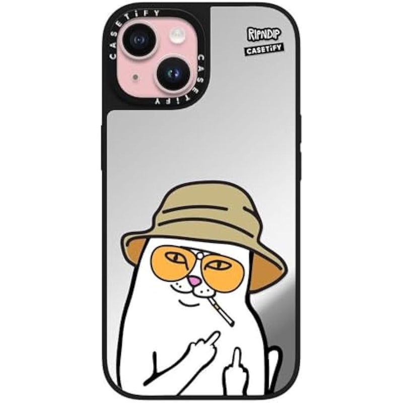 Casetify Mirror Case for iPhone 15 【RipNDip Colab/Reflective / 4.9ft Drop Protection/Compatible with Magsafe】 - Nermal S Thompson - Silver on Black - Image 1