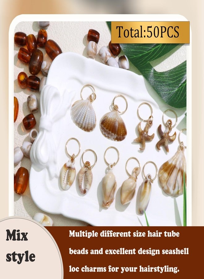 VENOFEN 50PCS Shell Hair Jewelry for Braids Acrylic Starfish Loc Dreadlock Charms Tansparent Brown White Braid Beads Large Size Hair Tube Bead for Women - Image 2