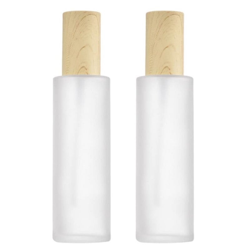 VASANA 2PCS 120ML Refillable Cosmetic Lotion Containers Frosted Glass Lotion Bottle Pump Bottles Container Vial Jar Pot With Plastic Wood Grain Lid For Emulsion Essence Liquid
