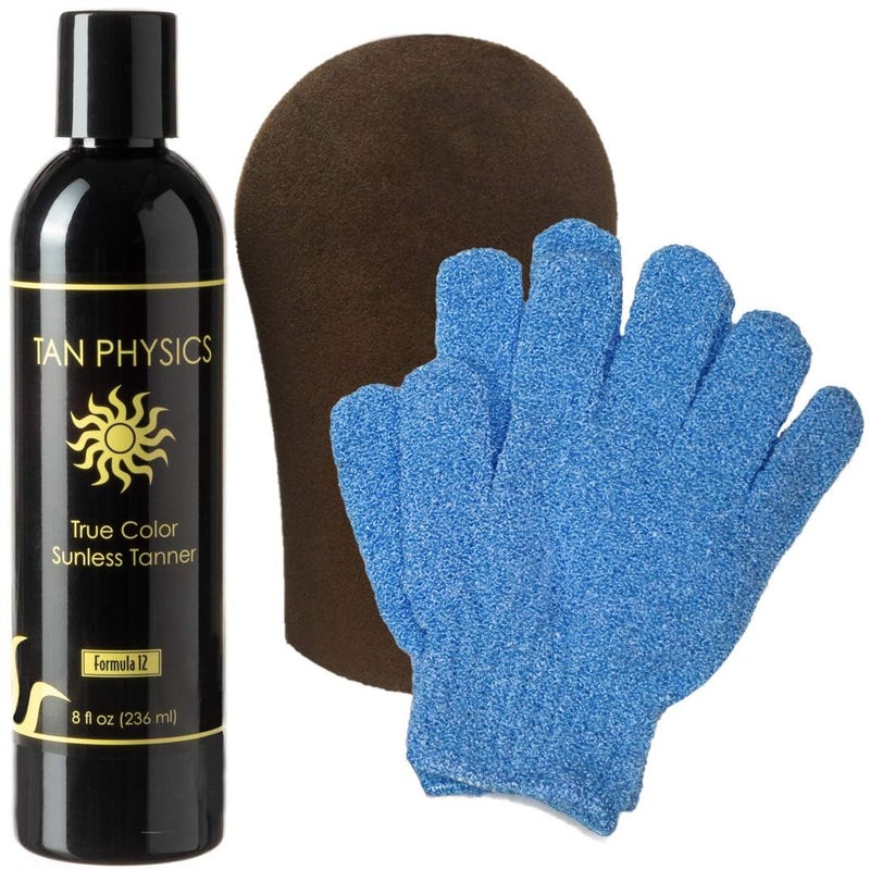 Tan Physics Sunless Tanner 8oz with Tanning Mitt & Exfoliation Gloves â€“ Self Tanning Lotion for Face & Body â€“ Instant, Streak-Free Application for a Natural, Long-Lasting Glow - Image 1