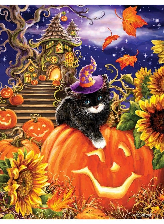 Springbok - Spellbound Night - 500 Piece Jigsaw Puzzle- Black Cat, Sunflowers And Pumpkins Usher In Halloween - Image 1