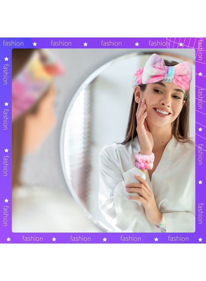 WSYUB Spa Headband and Wrist Bands, Makeup Headband and Wrist Towels for Washing Face, Fuzzy Bow Headbands, Soft Facial Head Bands, Shower Skincare Hair Sleepover Party Supplies - Image 4