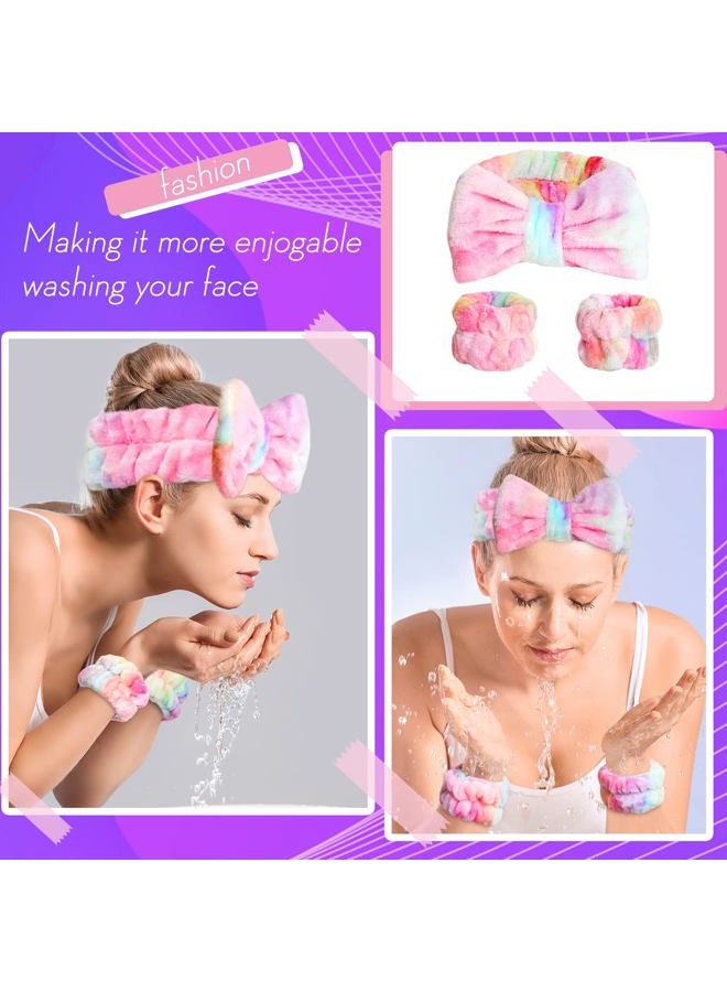 WSYUB Spa Headband and Wrist Bands, Makeup Headband and Wrist Towels for Washing Face, Fuzzy Bow Headbands, Soft Facial Head Bands, Shower Skincare Hair Sleepover Party Supplies - Image 3