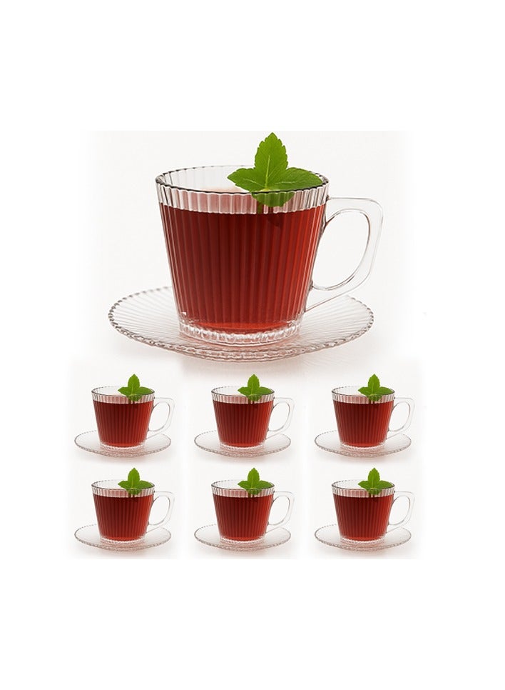 Coffee Mug Set | Coffee & Espresso Cup Set with Bubbly Handle & Embossed Wall Set of 6 Mugs + 6 Serving Plates | Elegant Clear Glass Size 220ml  - Image 1