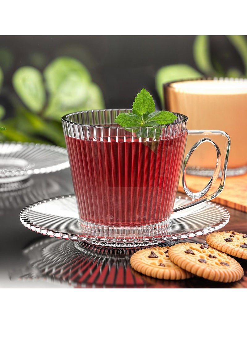 Coffee Mug Set | Coffee & Espresso Cup Set with Bubbly Handle & Embossed Wall Set of 6 Mugs + 6 Serving Plates | Elegant Clear Glass Size 220ml  - Image 3
